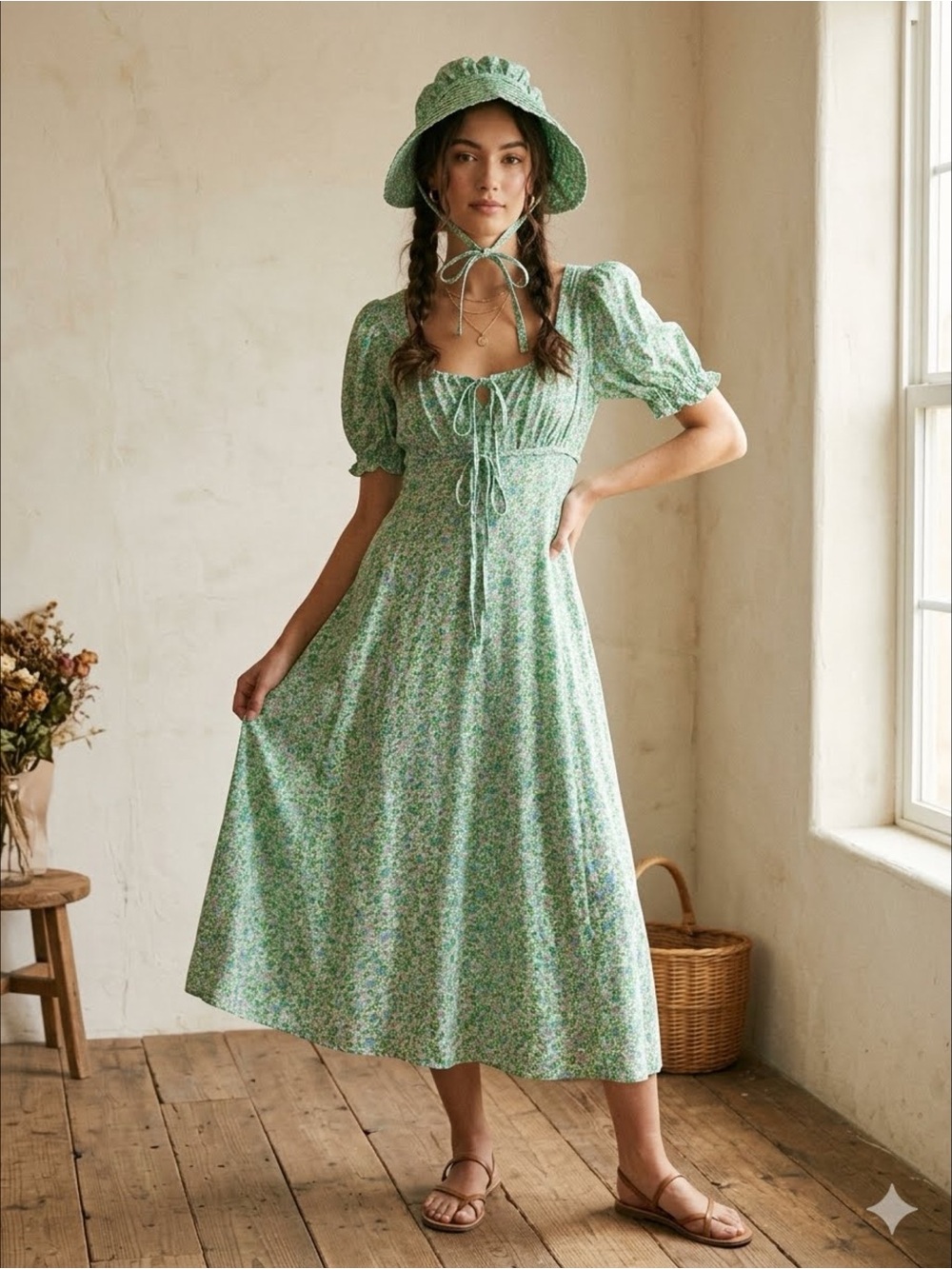Vintage Cottagecore Green Ditsy Floral Milkmaid Midi Dress & Bonnet Prairie Sz S